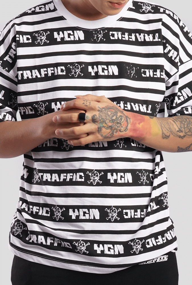 YGN TRAFFIC  Word Logo Design Stripe Tshirt(White)